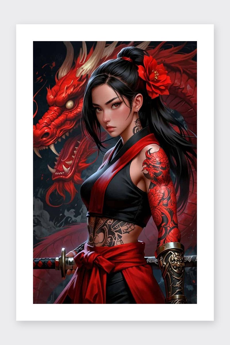 Draak Poster - Slayer - Vrouw - Fantasy - Oosterse - Krijger - Mythisch - Wapen - posters - formaat 30x40cm - Wanddecoratie - BXS4472MT - Met kader - passe-partouts stijl