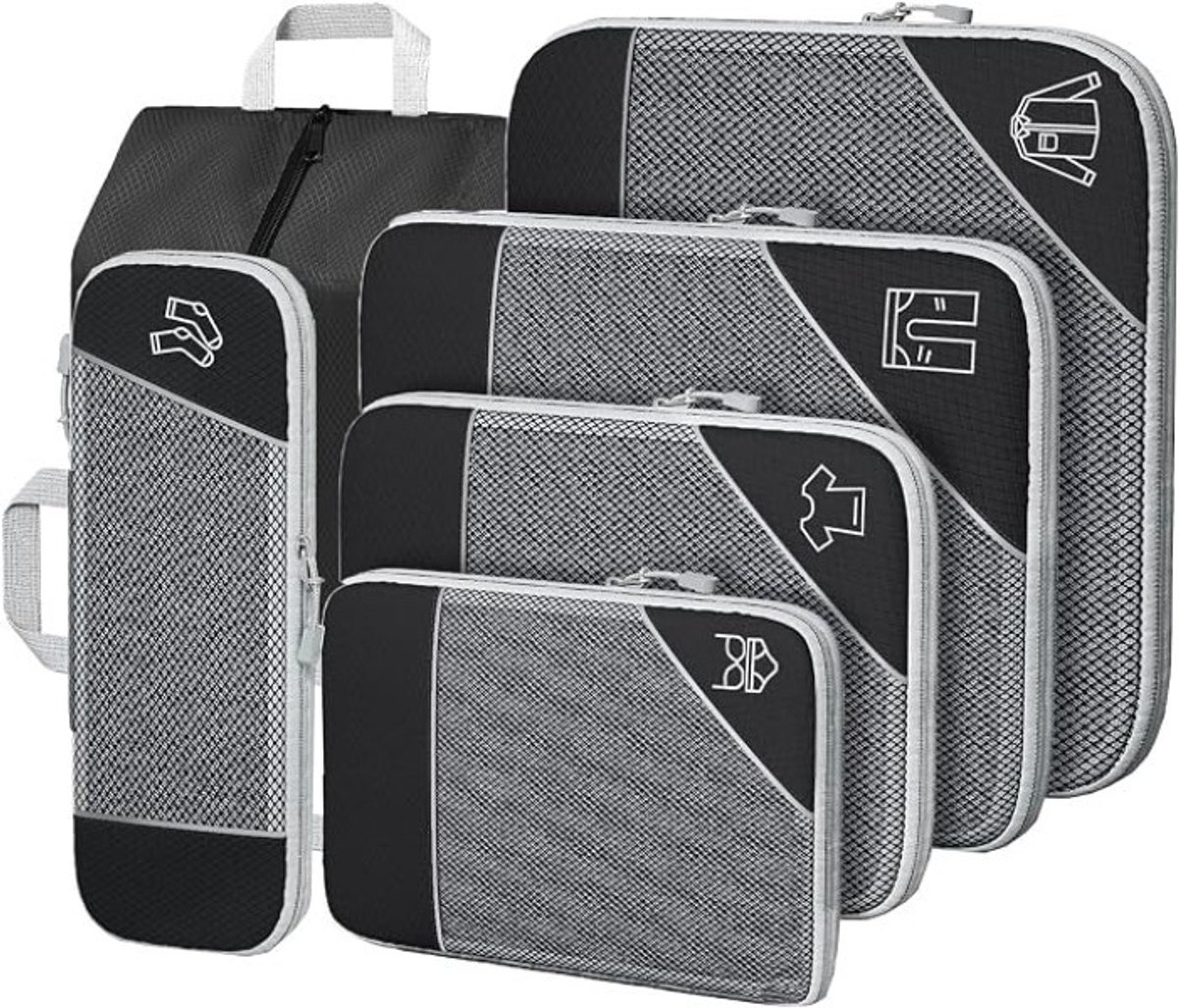PolkaHome 6-delige compressiepackingcubes set - Zwarte kofferorganizers met mesh, uitschuifbaar en ultralicht
