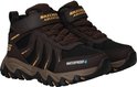 Bruine Skechers wandelschoenen met zwarte mesh, gele accenten en 'WATERPROOF'. Klittenbandsluiting.