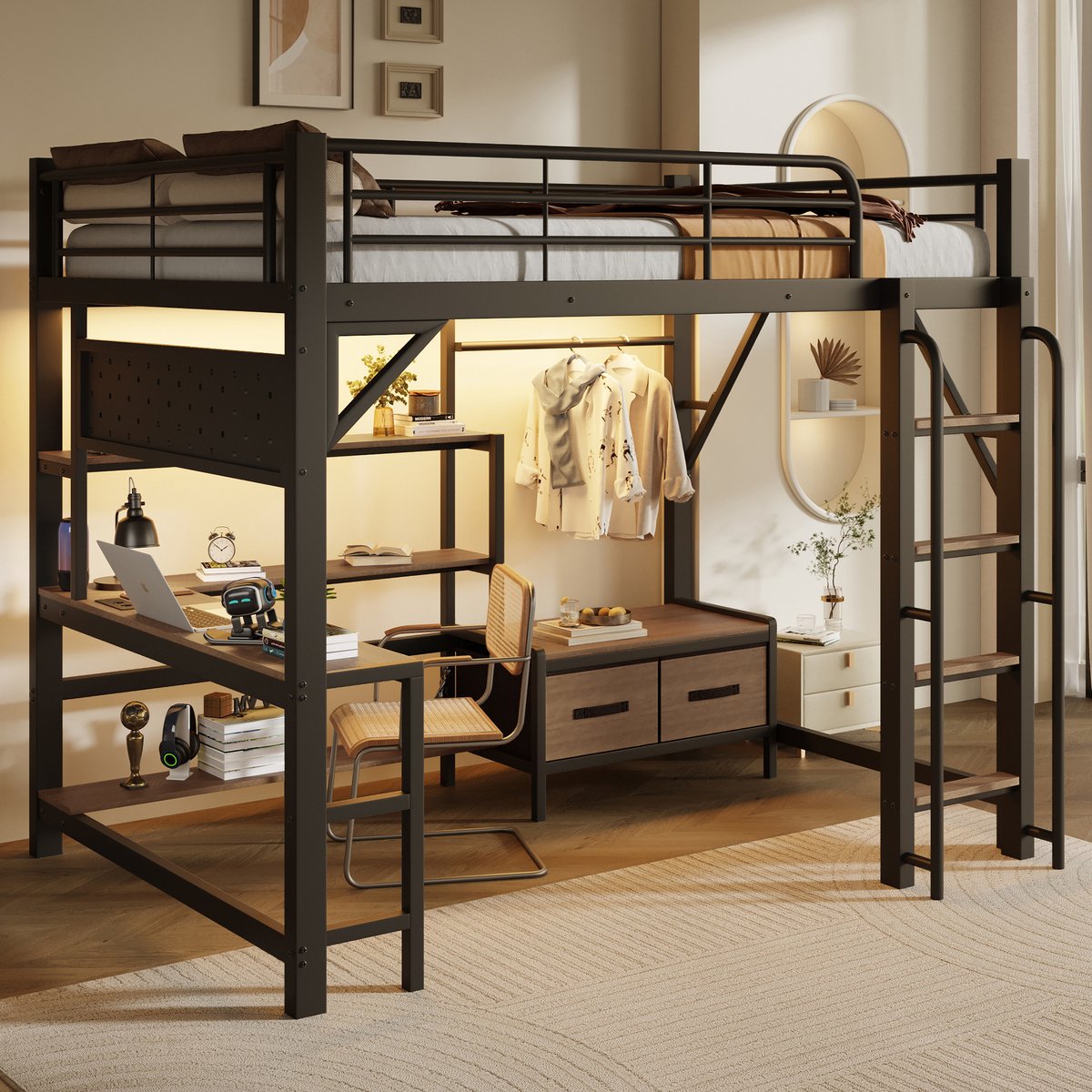 REDOM - Hoogslaper - Met bureau en opbergruimte - Met LED-verlichting en USB-aansluiting - Met ladder en uitvalbeveiliging - Metaal en MDF - 140 x 200 cm