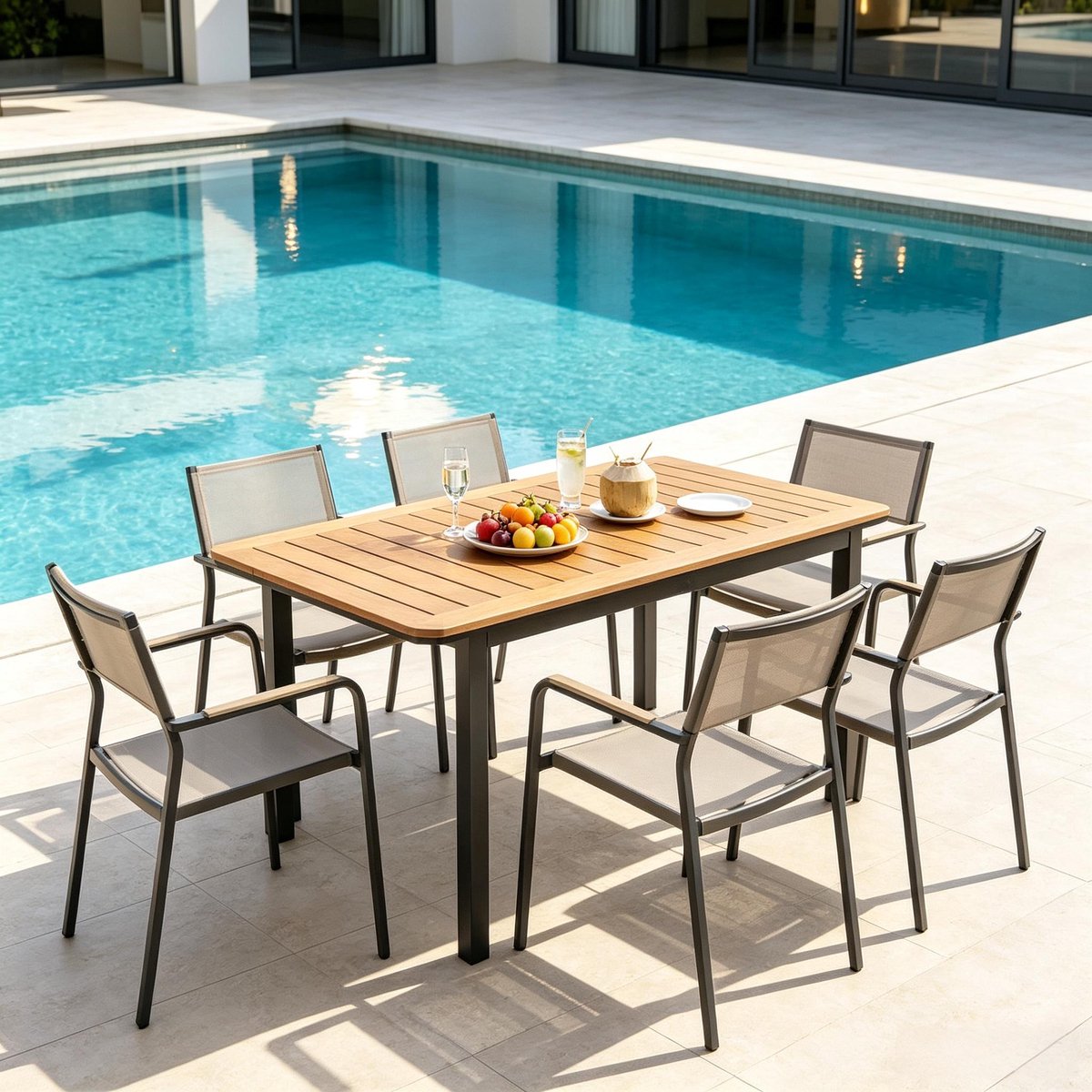REDOM - Tuintafel - Rechthoekige vorm - WPC tafelblad met metalen frame - Voor 6 personen - Tuin en terras - Kunststof, metaal en hout - Bruin - 127 x 70 x 75 cm
