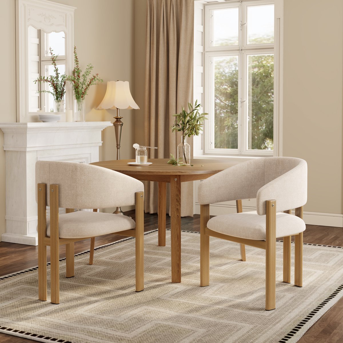 REDOM - Eetkamerstoel - Met armleuningen - Metalen frame met houtlook - Gevoerde zitting van linnen - Moderne stijl - Eetkamer, woonkamer of café - Metaal en linnen - Beige en houtkleur - 83 x 61,5 cm