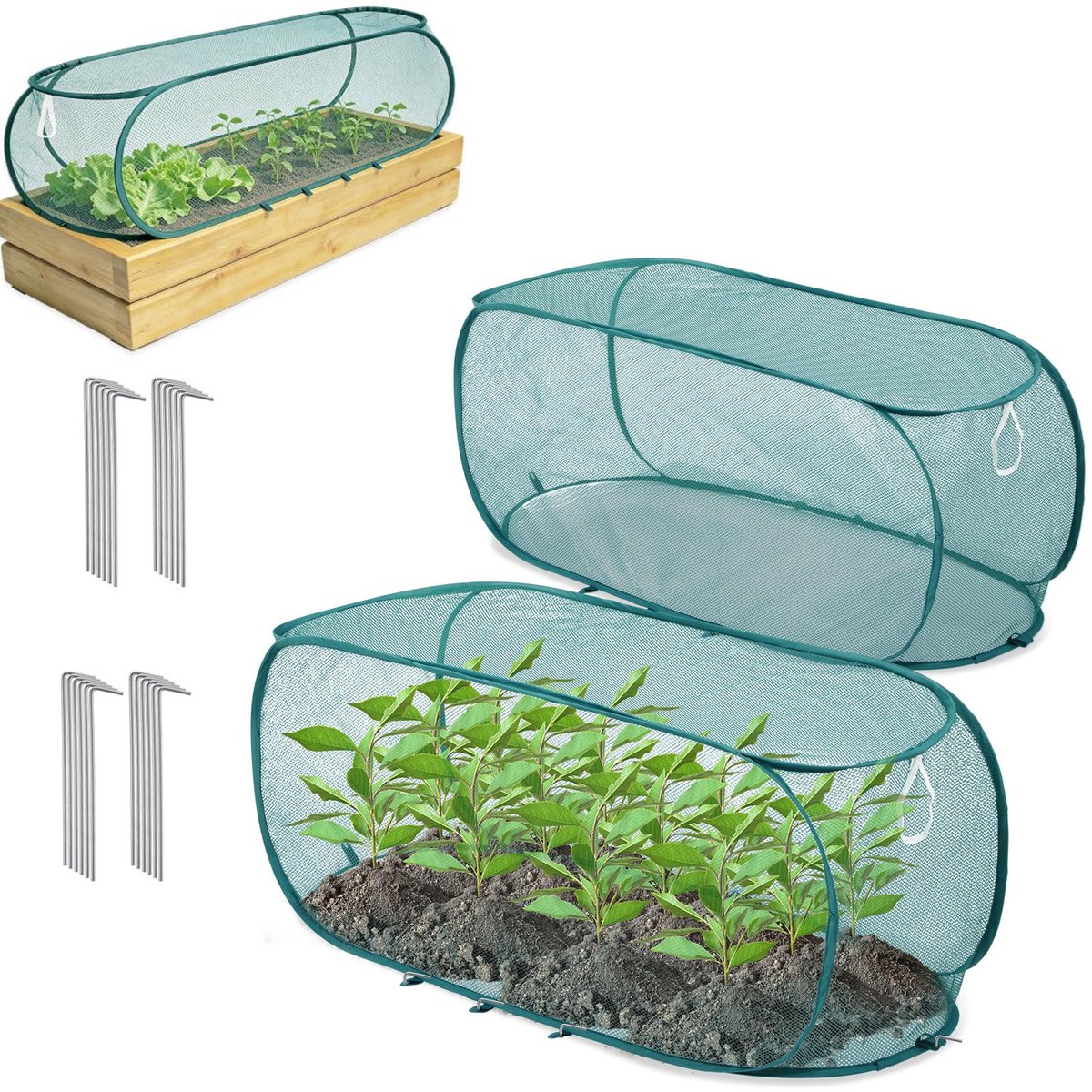 2-stuks Opklapbare tuingaas plantenhoes - Beschermingshoes voor buitenplanten - Plantenbeschermer - Plantenkoepel - Schaduwnet - Met grondtenten - 99*40*45 cm - Geschikt voor zaailingen, groenten, fruit, enz. - Groen