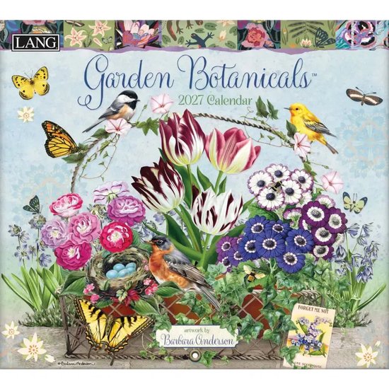 Een kalenderpagina met een bos roze, paarse en witte bloemen, met vogels en gele vlinders. Tekst: Garden Botanicals 2027 Calendar.