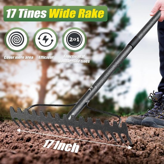 Tuinhark 123 cm met 17 tanden, verstelbare zware hark voor grond, bladeren en grind, ideaal voor tuinonderhoud — afbeelding 5