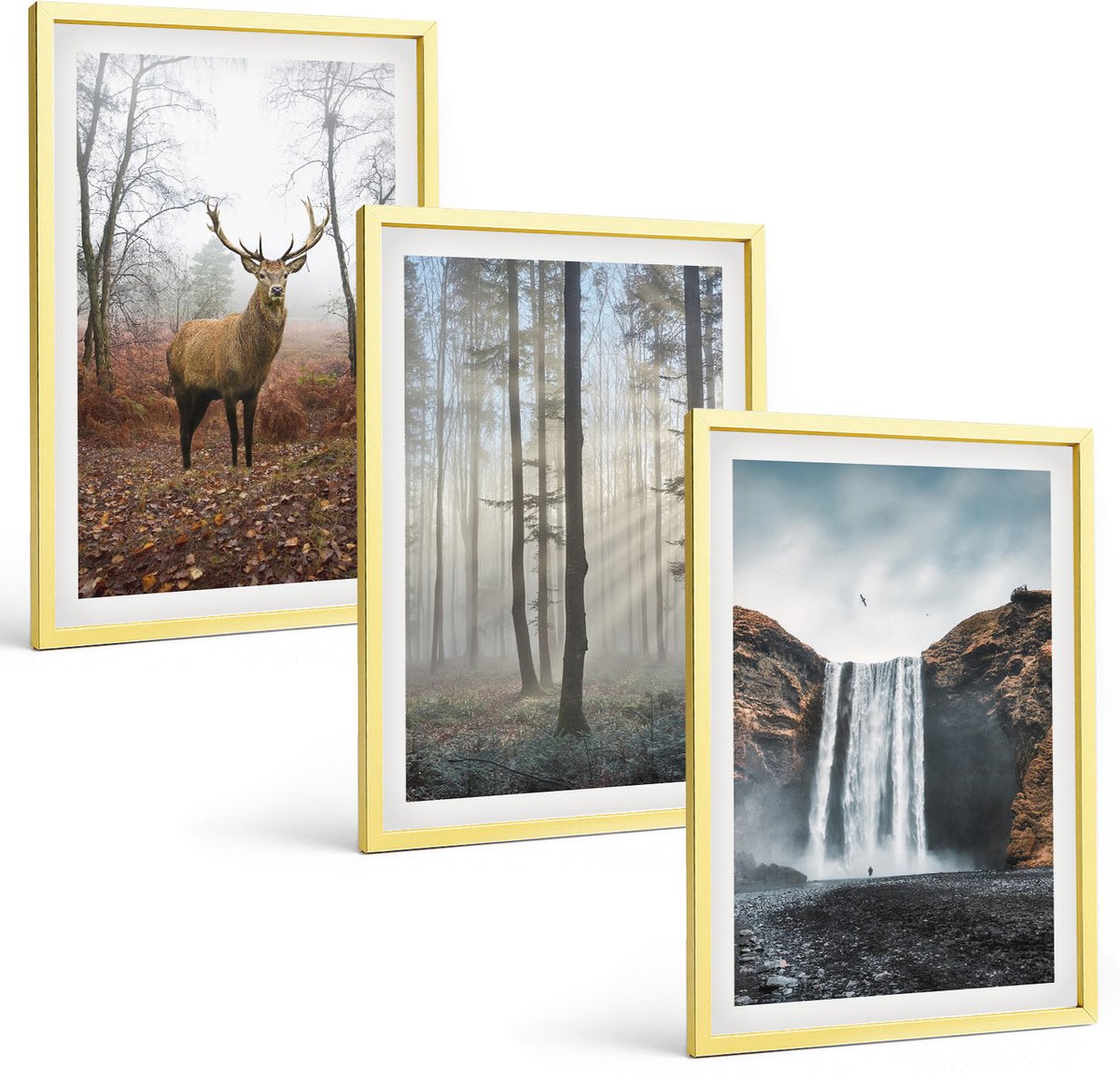 Coloray 3-Delige Schilderij Set - Groene Berglandschappen Met Rivier En Rotsen - 40 x 40 cm En 40 x 60 cm - Schilderijen Set - Wanddecoratie - Woonkamer - Decoratieve Schilderijen