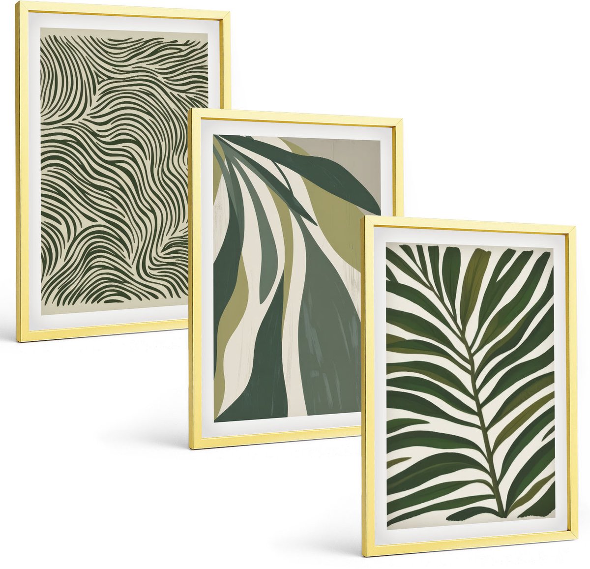 Coloray 3-Delige Schilderij Set - Bladpatronen En Golvende Lijnen In Pastelillustraties - 40 x 40 cm En 40 x 60 cm - Muurdecoratie - Wanddecoratie - Slaapkamer - Stijlvolle Muurdecoratie