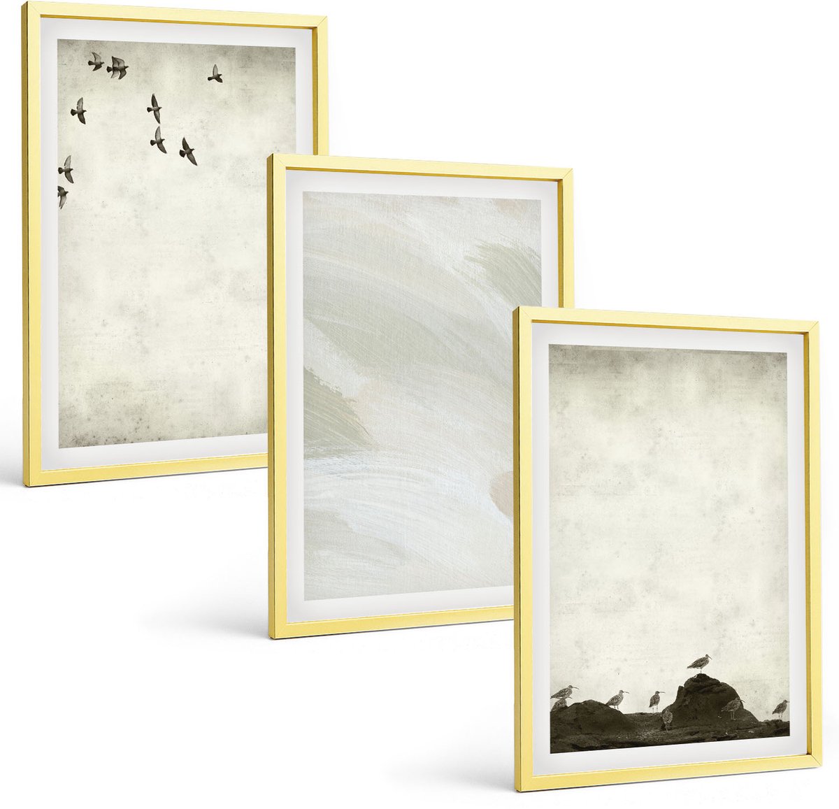 Coloray 3-Delige Schilderij Set - Vogels, Rotsen En Penseelstreken: Minimalistische Decoraties - 40 x 40 cm En 40 x 60 cm - Stijlvolle Wanddecoratie - Interieur - Woonkamer Decoratie