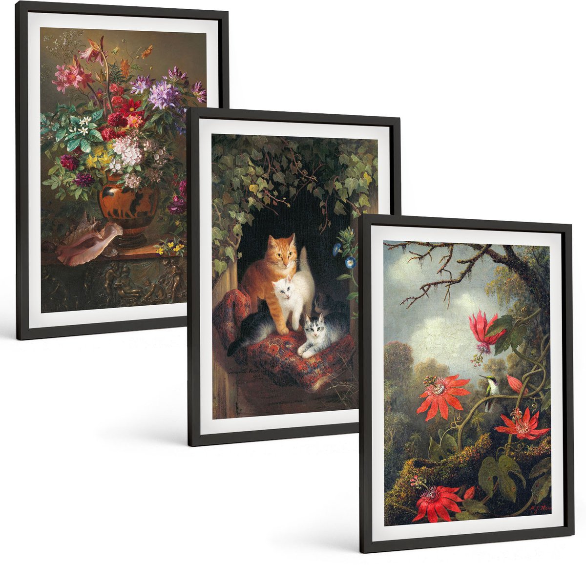 Coloray 3-Delige Schilderij Set - Vintage Bloemen, Katten En Planten In De Natuur - 40 x 60 cm - Decoratieve Schilderijen - Woonkamer - Interieur - Muurdecoratie