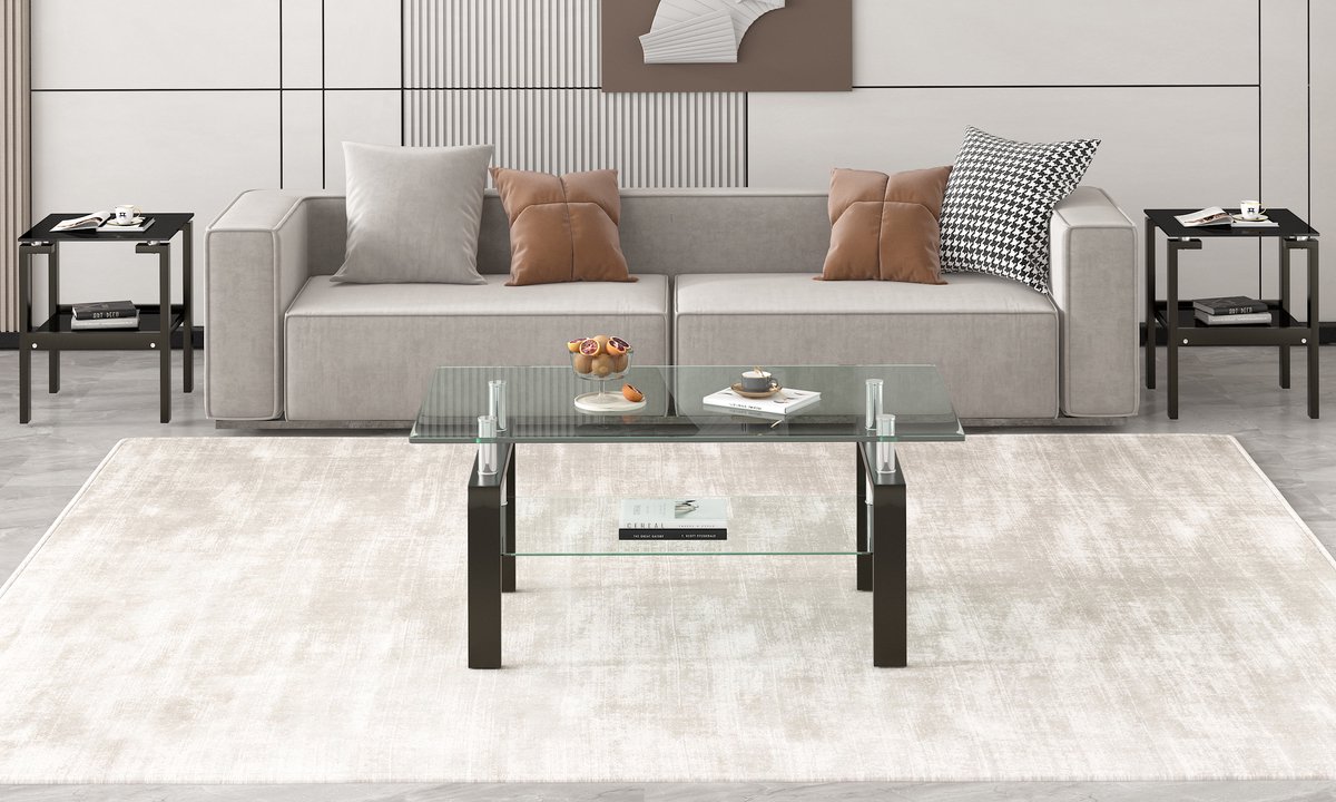VVBV Salontafel 100x60x44 cm – Legplanken – Set van 2 – Modern Design – Gehard Glas – Voor Woonkamer – Ruimtebesparend – Transparant