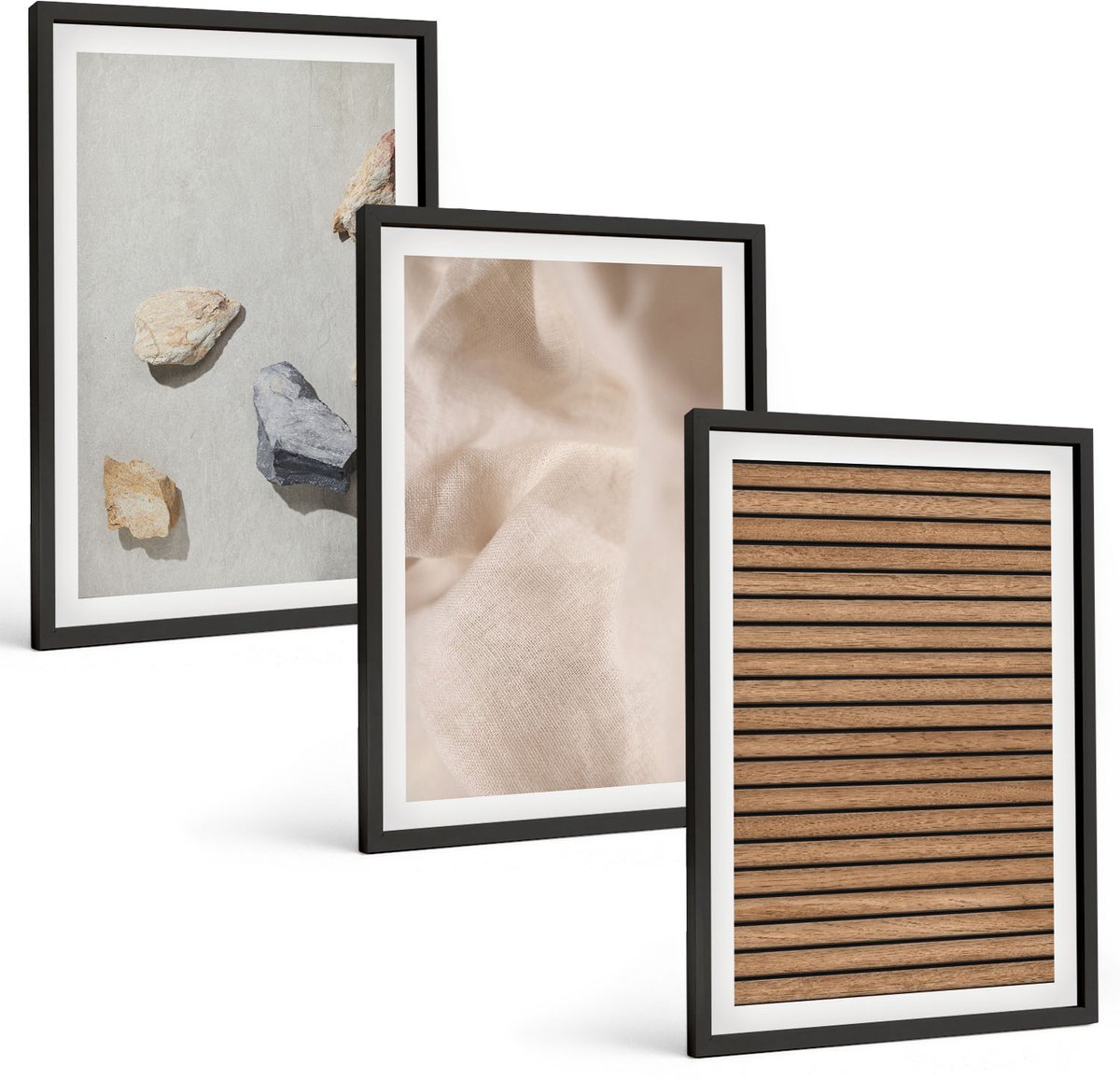 Coloray 3-Delige Schilderij Set - Stenen Hout Stof Diverse Texturen - 40 x 60 cm - Wanddecoratie - Muurdecoratie - Moderne Interieurdecoratie Zwarte lijst