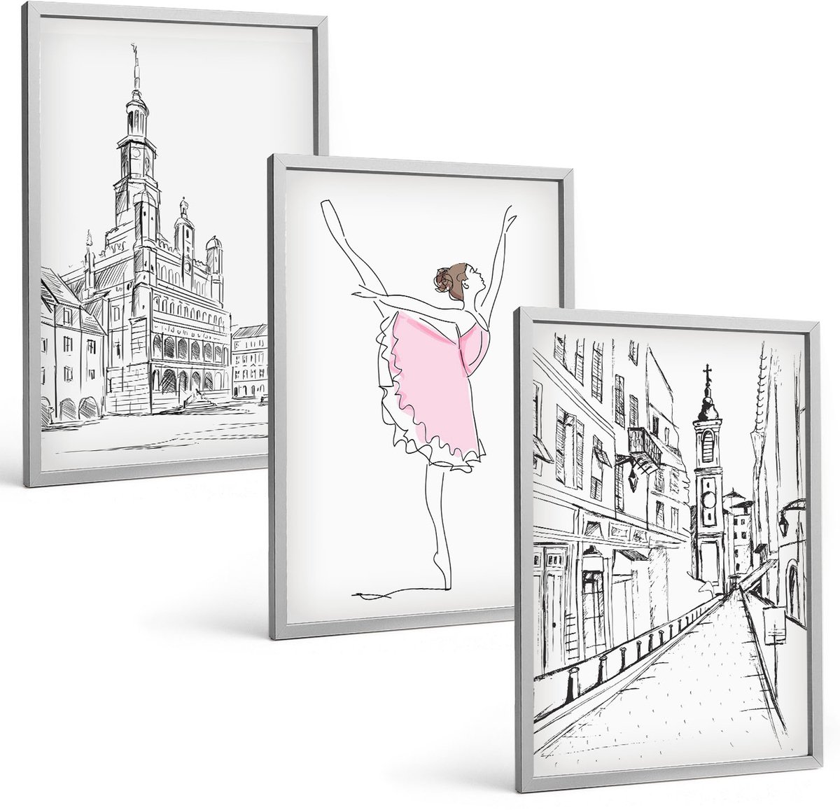 Coloray 3-Delige Schilderij Set - Stijlvolle Schilderijen Van Een Dansende Ballerina En Architectuur. - 40 x 60 cm - Wanddecoratie - Schilderijen Set - Interieur - Interieur Decoratie