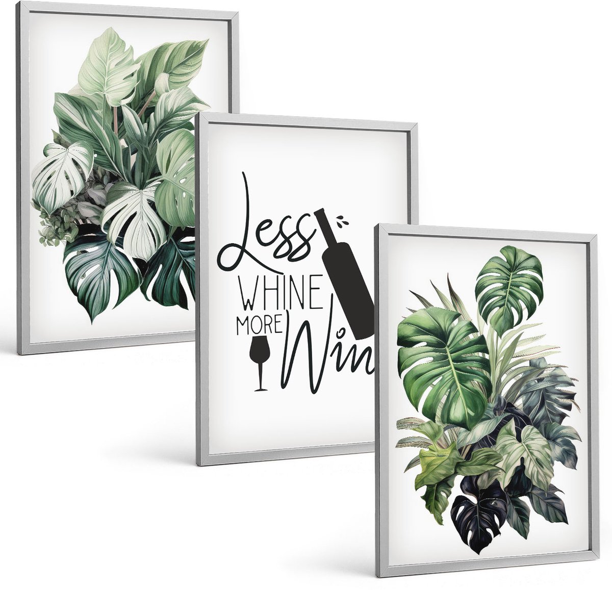 Coloray 3-Delige Schilderij Set - Groene Plantenbladeren Met Het Opschrift "Wijn". - 40 x 60 cm - Wanddecoratie - Woonkamer Decoratie - Decoratieve Schilderijen