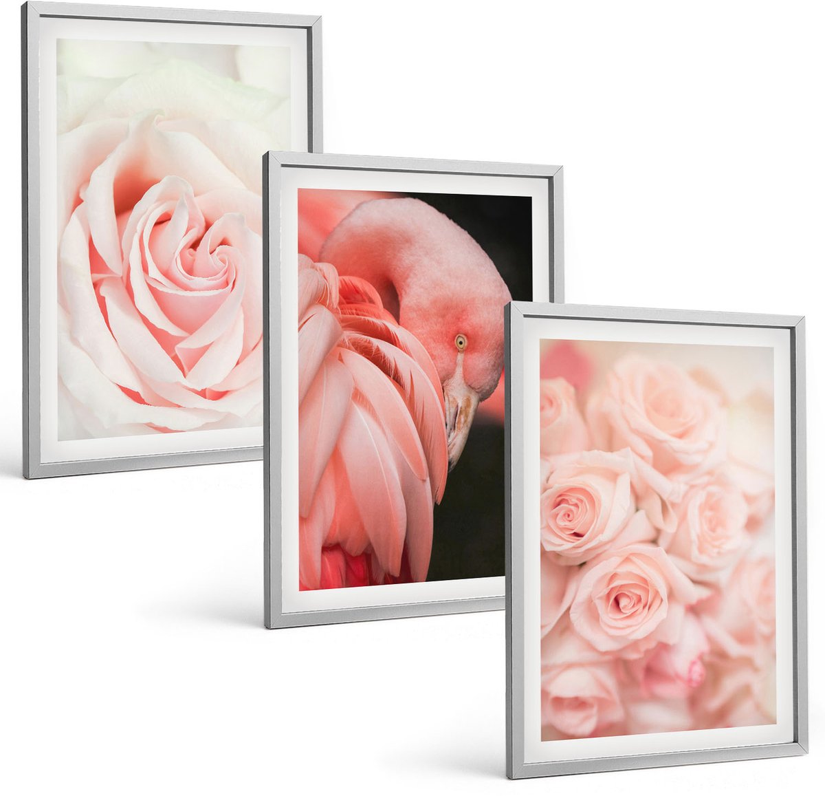 Coloray 3-Delige Schilderij Set - Pastelrozen En Flamingo'S In Delicate Tinten - 40 x 60 cm - Wanddecoratie - Schilderijen Set - Interieur - Interieur Decoratie