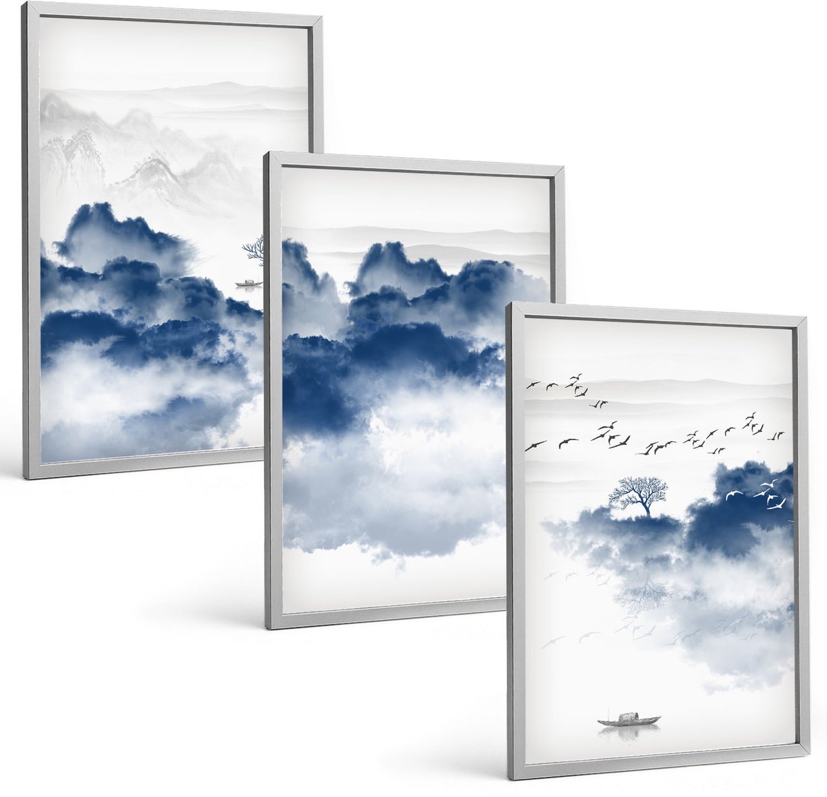 Coloray 3-Delige Schilderij Set - Wolkengebergte Met Bomen En Vogels Op De Achtergrond - 40 x 60 cm - Schilderijen Set - Wanddecoratie - Woonkamer - Decoratieve Schilderijen