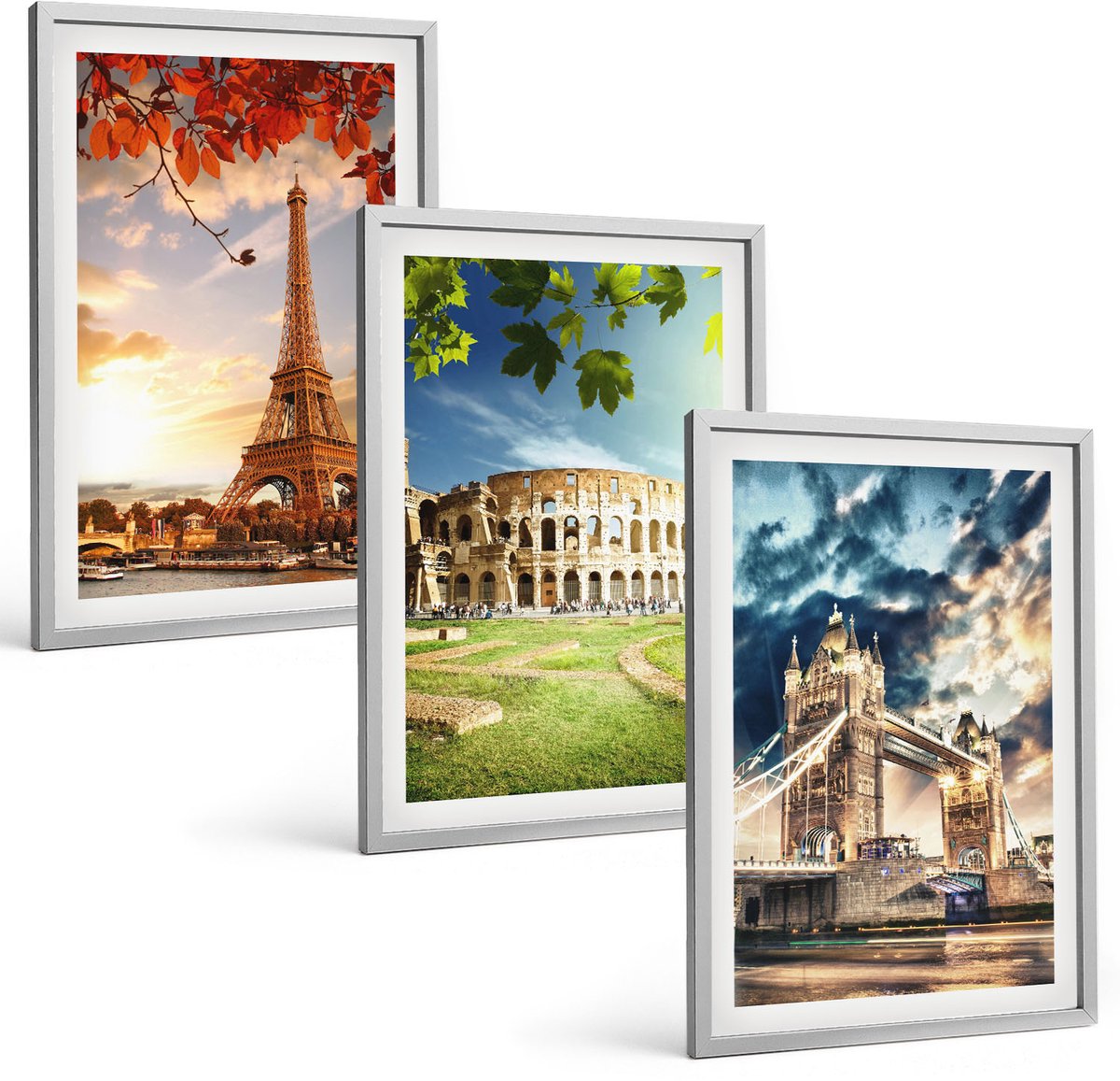 Coloray 3-Delige Schilderij Set - Monumenten Van Europa In De Warme Kleuren Van Het Landschap - 40 x 60 cm - Muurdecoratie - Wanddecoratie - Hal