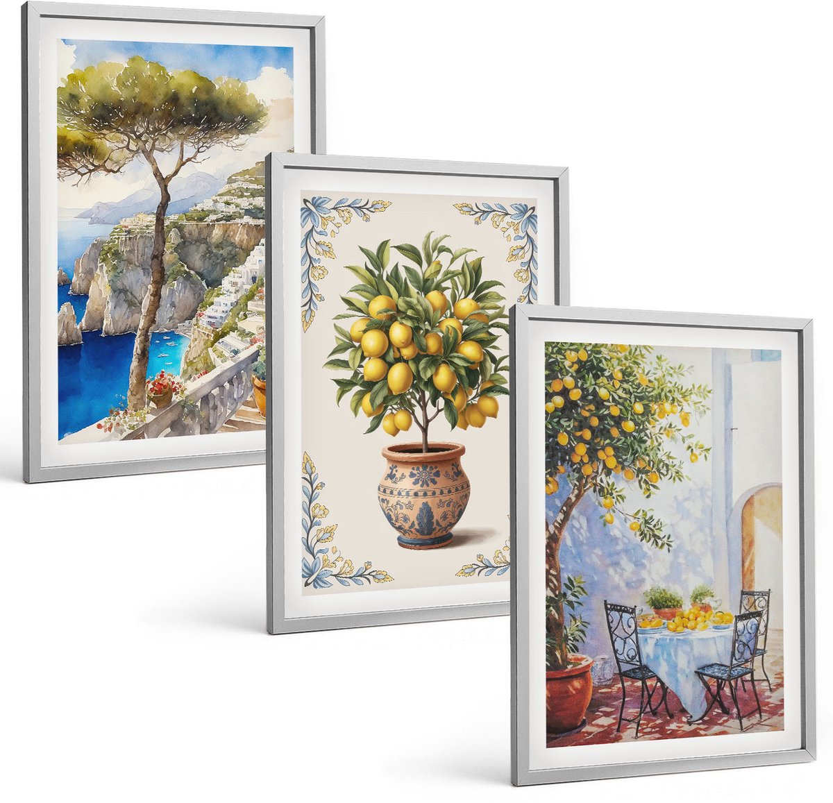 Coloray 3-Delige Schilderij Set - Zeezicht Met Citroenboom En Tuintafel - 40 x 60 cm - Muurdecoratie - Decoratieve Schilderijen - Wohnzimmer - Stijlvolle Muurdecoratie