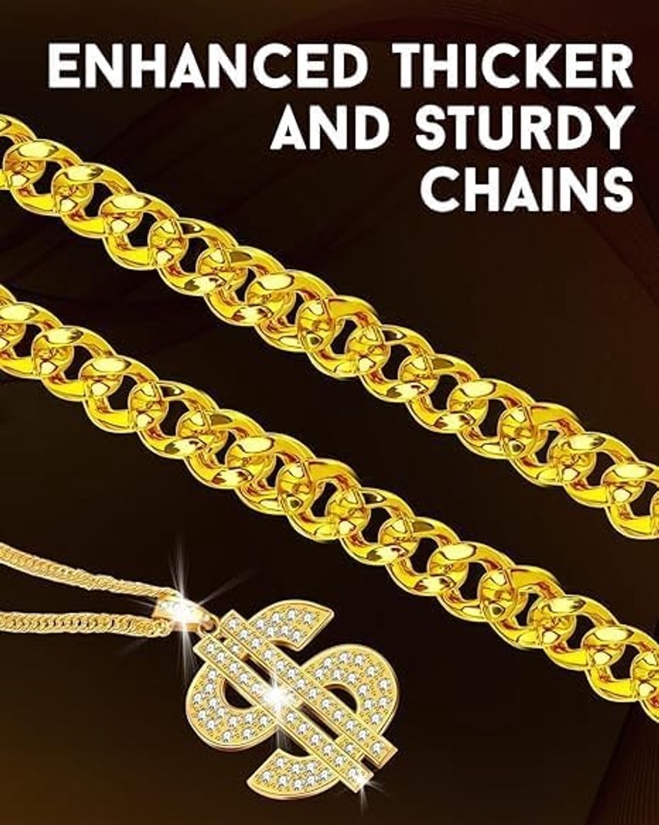 80s en 90s Hip Hop Rapper Kostuum voor Mannen en Vrouwen - Carnaval Outfit met Gouden Ketting, Dollar Sieraad en Ring voor Halloween Feest
