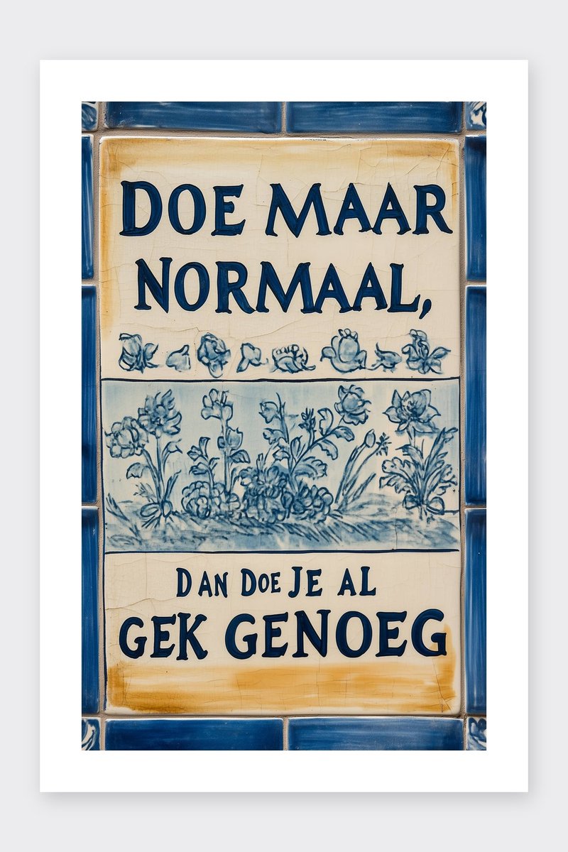 Doe Maar Normaal Poster - Dan Doe Je Al Gek Genoeg - Tekst - Nederlandse - Retro - Bloemen - posters - formaat 30x40cm - Wanddecoratie - BXS5140YR - Met kader - passe-partouts stijl