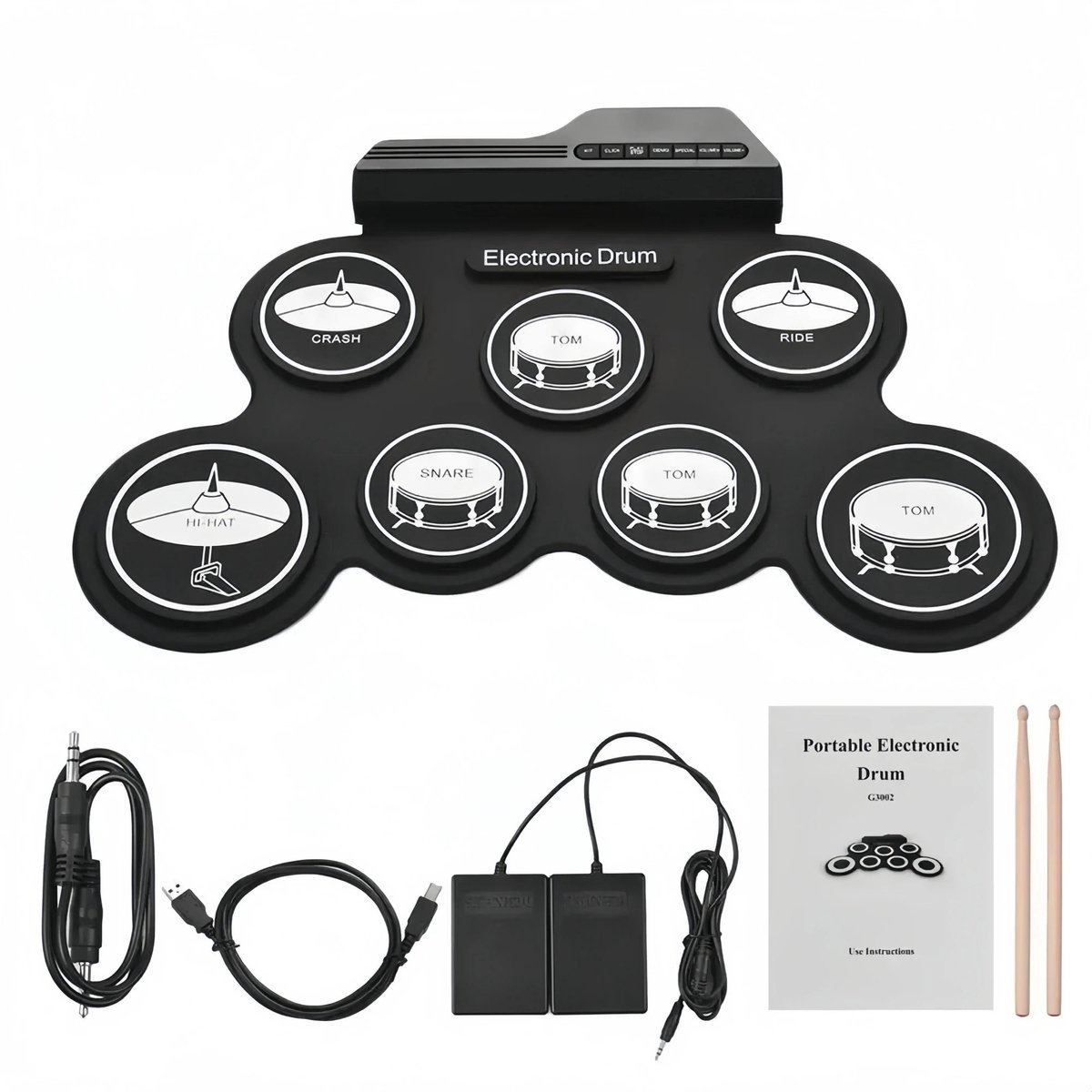 LabelOne Drumstel - Drumstel voor kinderen - Elektrisch Drumstel - oprolbaar - 7 drum pads - incl. drumsticks en voetpedalen