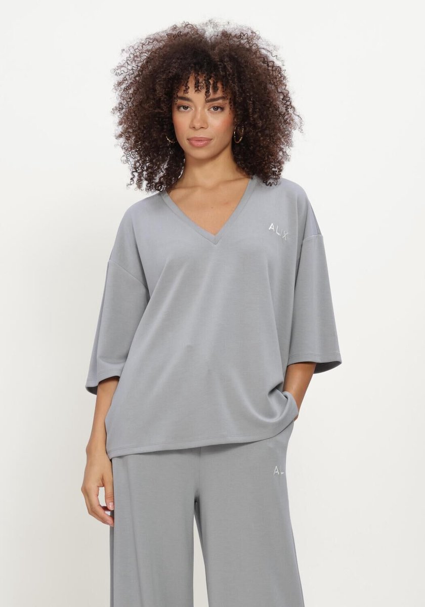 Alix The Label Ladies Knitted Scuba V-neck Top Dames - Topjes - Lichtgrijs - Maat XS