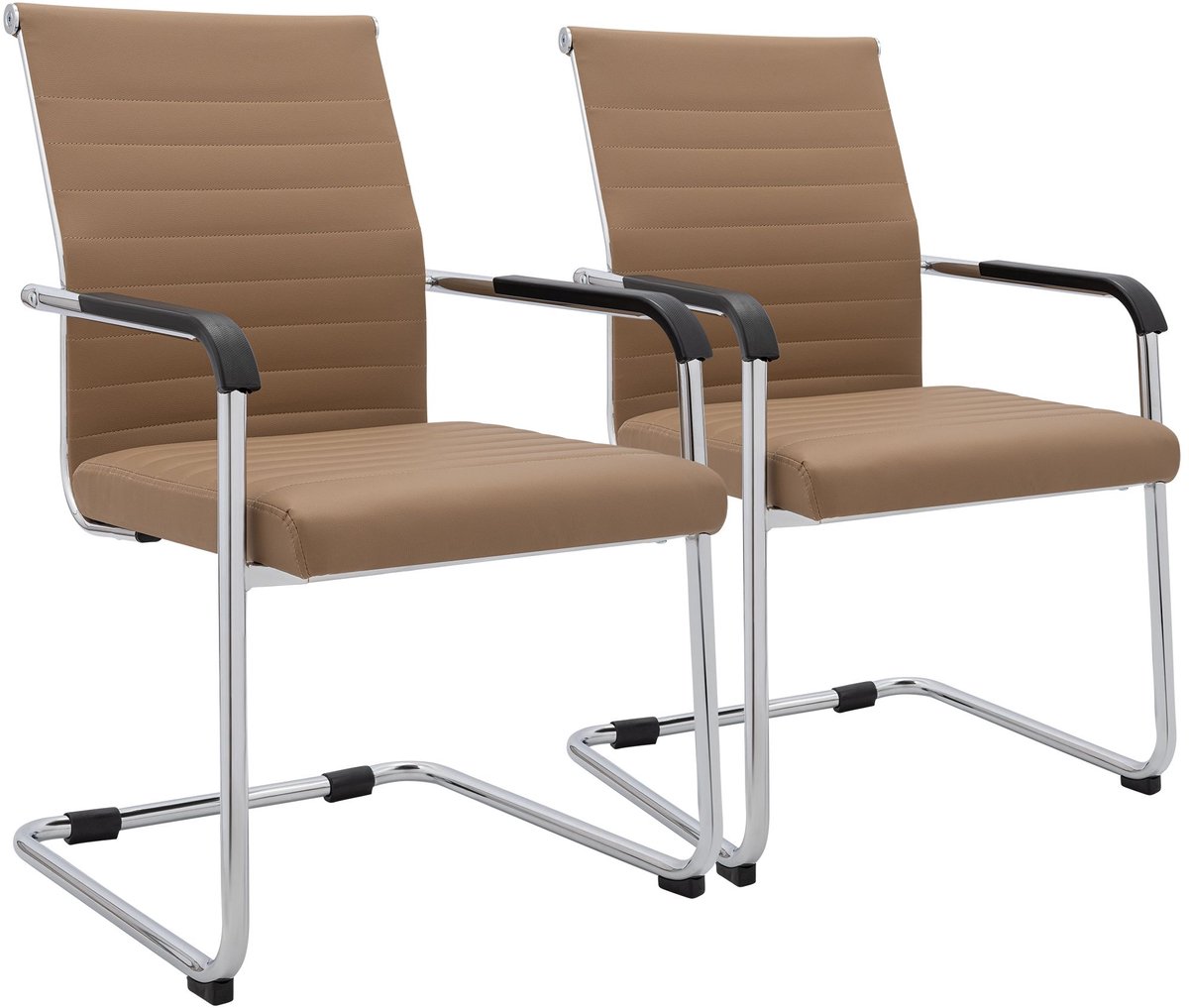 CLP Hakon Set van 2 eetkamerstoelen - Met Armleuningen - Chroom - Lederlook - Metaal/licht bruin