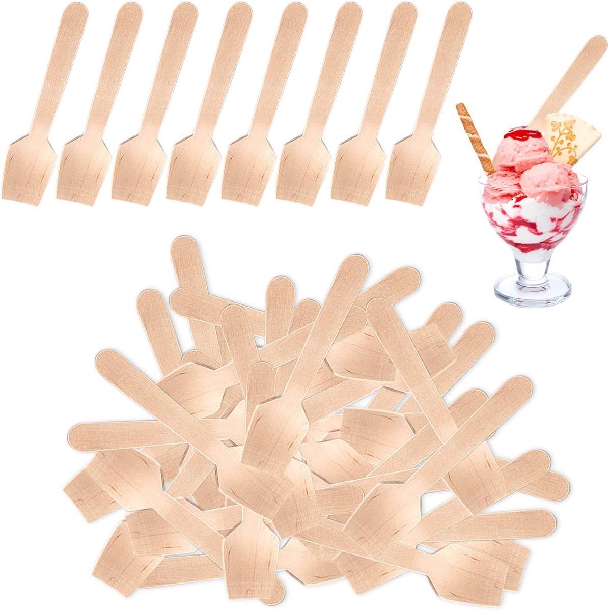 Biologisch afbreekbare houten lepels, mini-lepels, dessertlepels, ijsschepjes voor cake, gelei, yoghurt - ShopVlot