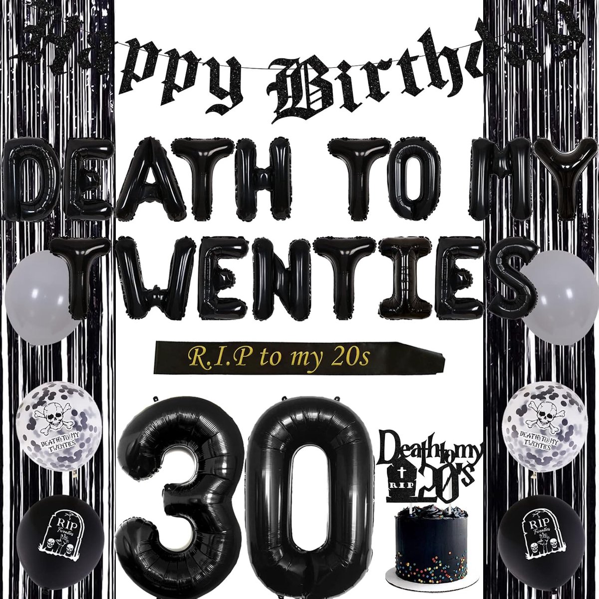 Fangleland 30e verjaardag decoraties voor hem of haar zwart, Death to My Twenties ballonnen, Rip to My 20s sjerp - ShopVlot