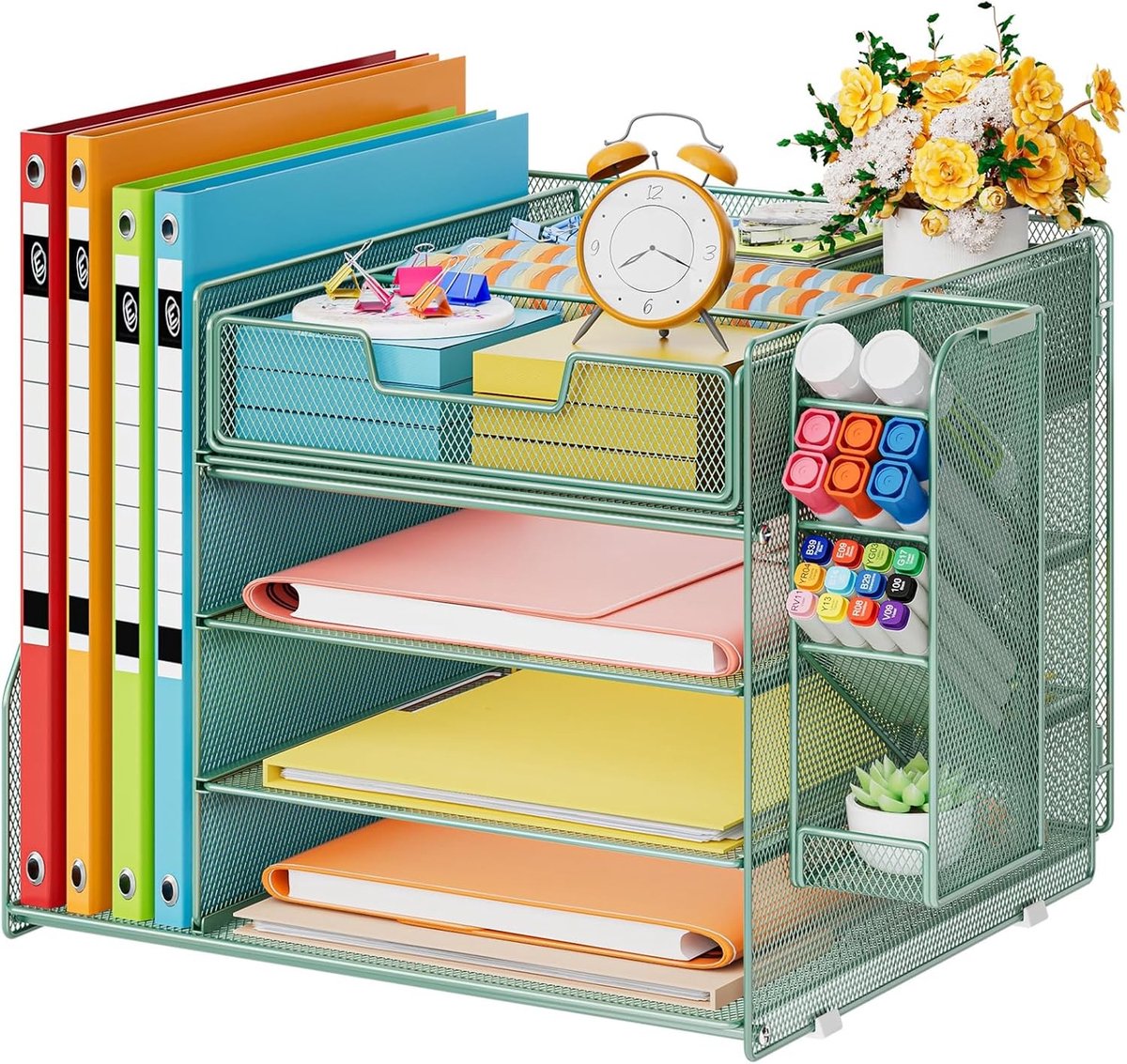 Organizer voor Bureau met 4 Laag Papieren Bins, Hangende Pennenhouder en 6 Gescheiden Lades, Ideaal voor Documenten en Tijdschriften in Thuiswerkplek (Groen)