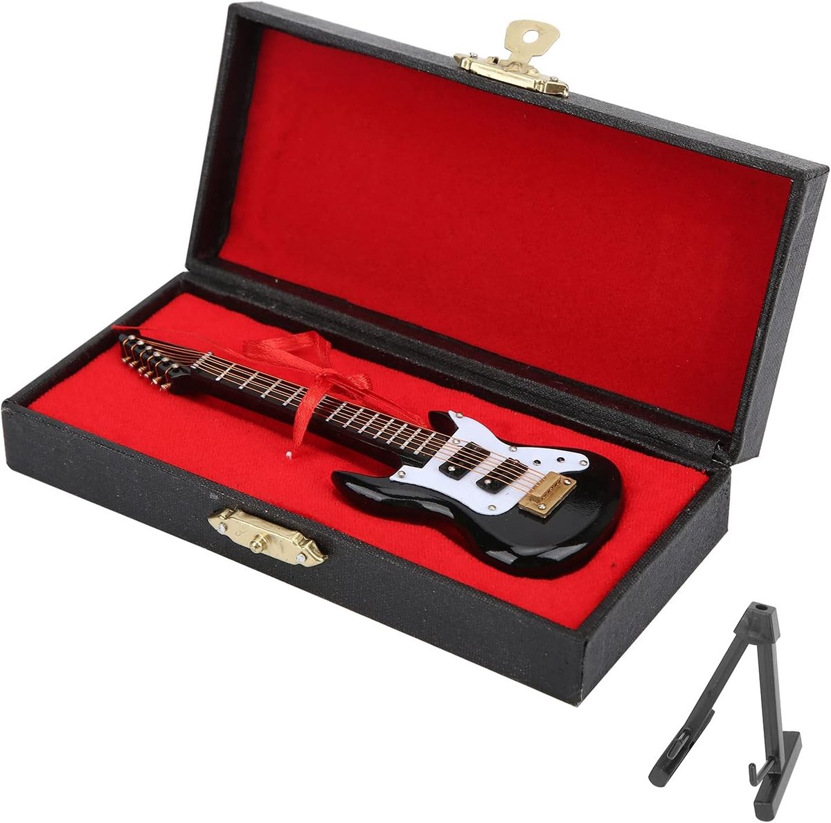 Miniatuur Houten Elektrische Gitaar Replica met Stand en Opbergdoos voor Thuisdecoratie en Cadeau, Perfect voor Muziekliefhebbers en Verzamelaar