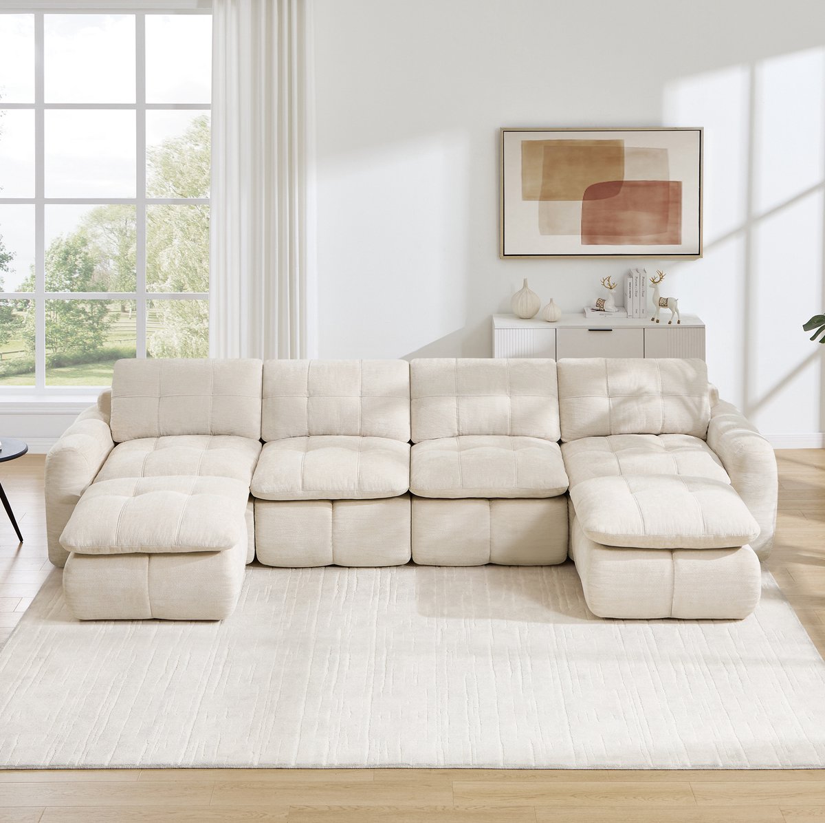 REDOM - U-bank - 4-zits - Modulaire opbouw - Chenille bekleding - Geruit gestikt patroon - Woonkamer - Beige - 334 x 160 x 68 cm
