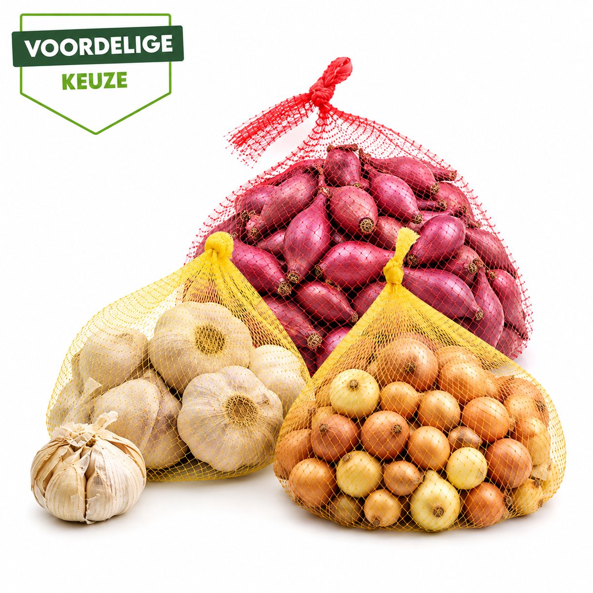 Najaars Pootgoed Mix – 3 Bollen witte Plantknoflook + 250 g Gele Plantui + 250 g Rode Plantui – Knoflook & Winterui