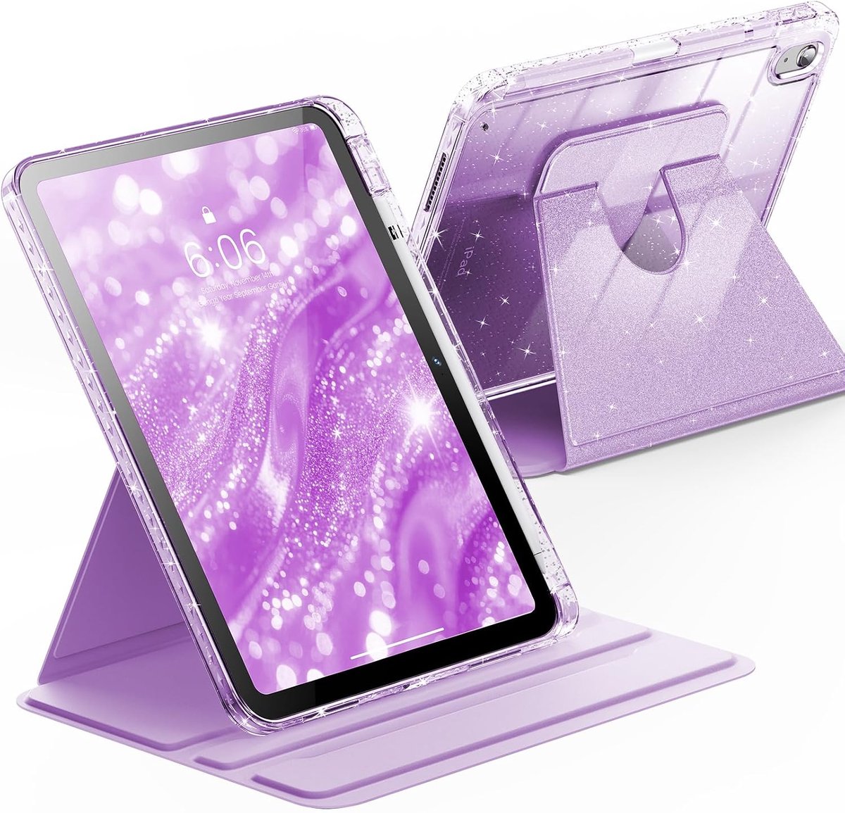 Tolvia Tablet Hoesje - Geschikt voor Apple iPad 11 (2025 A16) / Apple iPad 10.9 (2022) - 360° Draaibare Tablethoes met Penhouder - Glitter Transparant - Paars