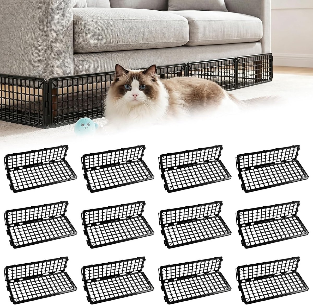 KZQ 12-delige barrière voor onder de bank – Huisdierblokkade – Kleine barrière om katten tegen te houden - Inclusief 20 kabelbinders - 37 x 17 x 12cm
