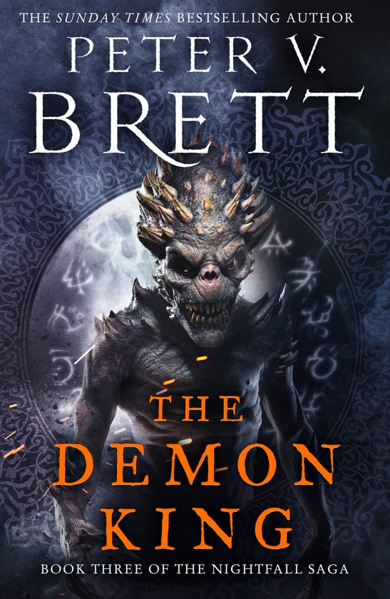Boekomslag van 'The Demon King' door Peter V. Brett, met een demonische figuur op de voorgrond en een maan op de achtergrond.