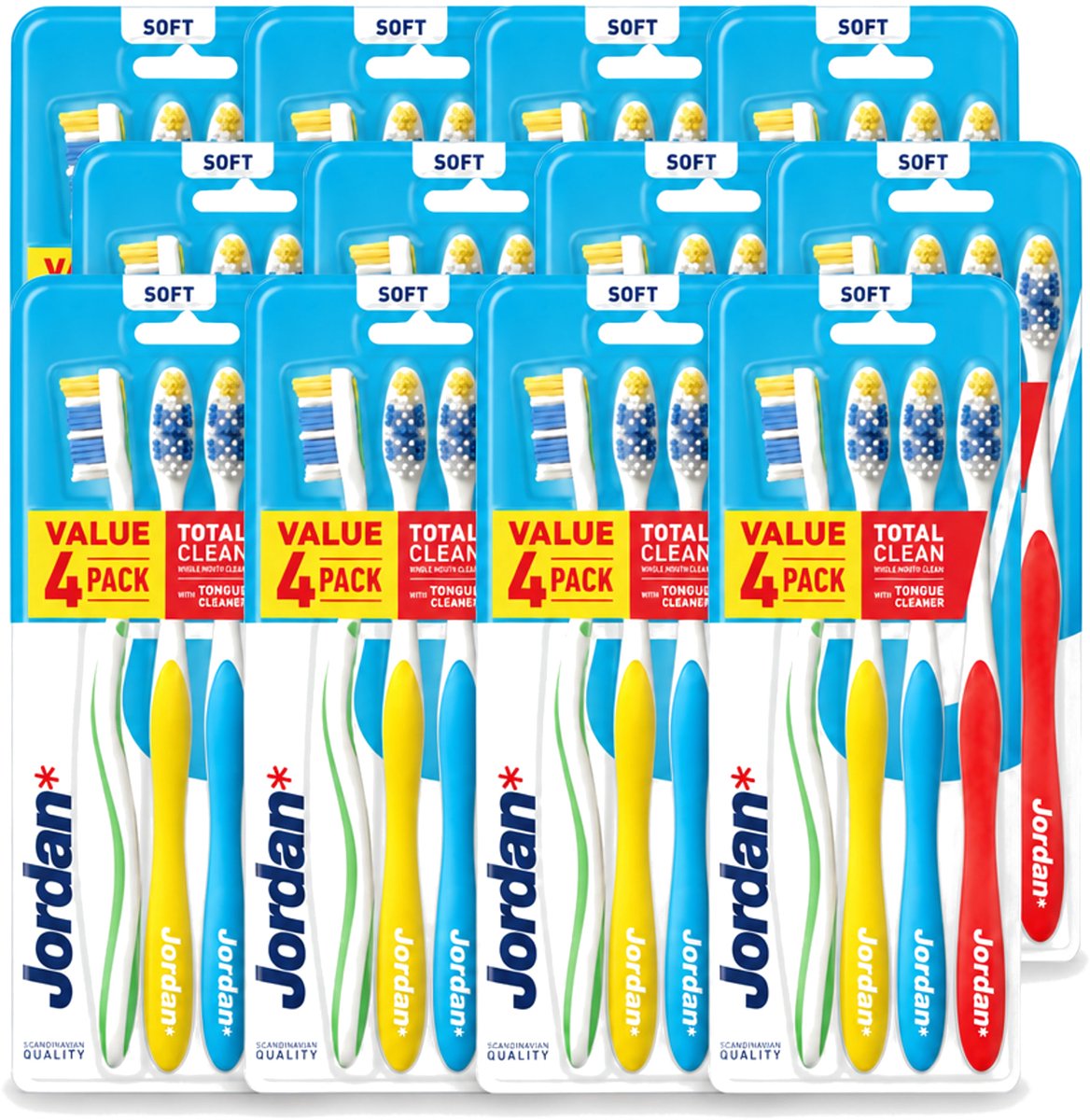 12 x Jordan - Total Clean - Tandenborstels Soft - 4 Tandenborstels - Voordeelverpakking - 12 stuks