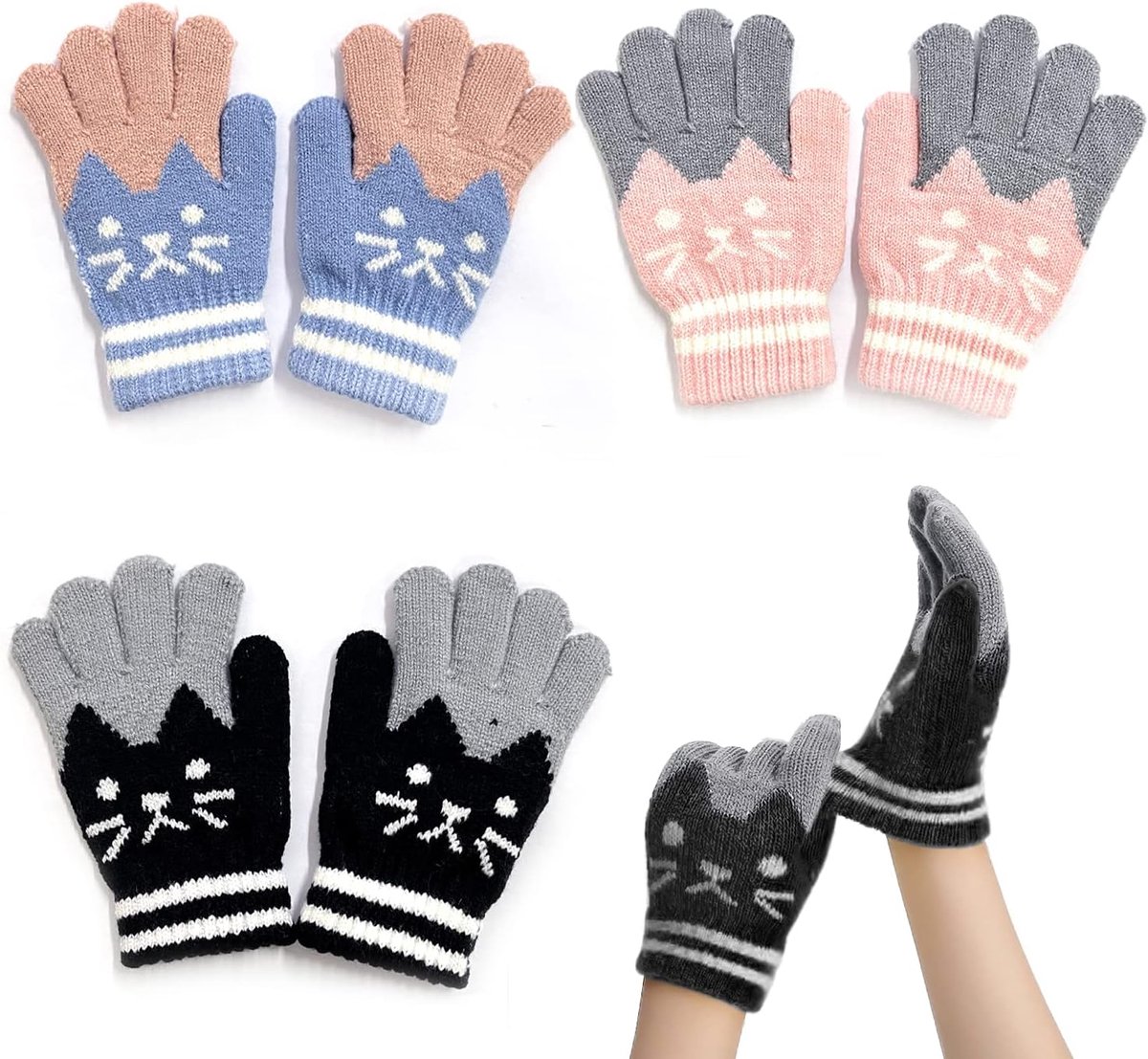 Handschoenen met pluche voering, gebreide winterhandschoenen, skihandschoenen, warme handschoenen, cartoonhandschoenen, geschikt voor kinderen (lichtblauw, roze, zwart)