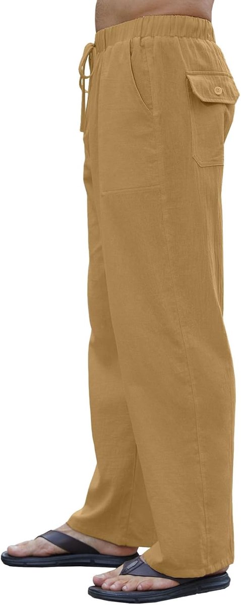 Linnen herenbroek, lange zomerbroek, licht en ademend, rechte pijpen met elastische tailleband, broek met zakken en trekkoord, casual strandbroek