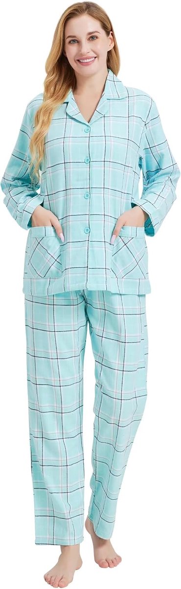 Pyjamaset voor heren, 2-delig, geruite comfortabele nachtkleding, pyjama's met zakken