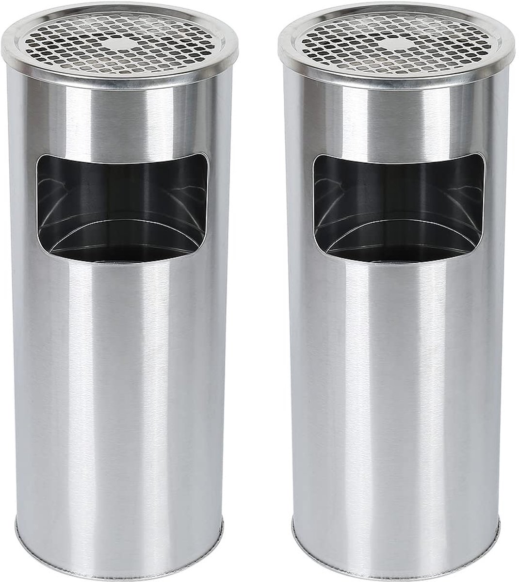 Vuilnisbak met asbak voor buiten, vrijstaande asbak van roestvrij staal met vuilnisbak, voor binnen en buiten, totale afmetingen (Ø x H): 25 x 60 cm (zilver-2 stuks)