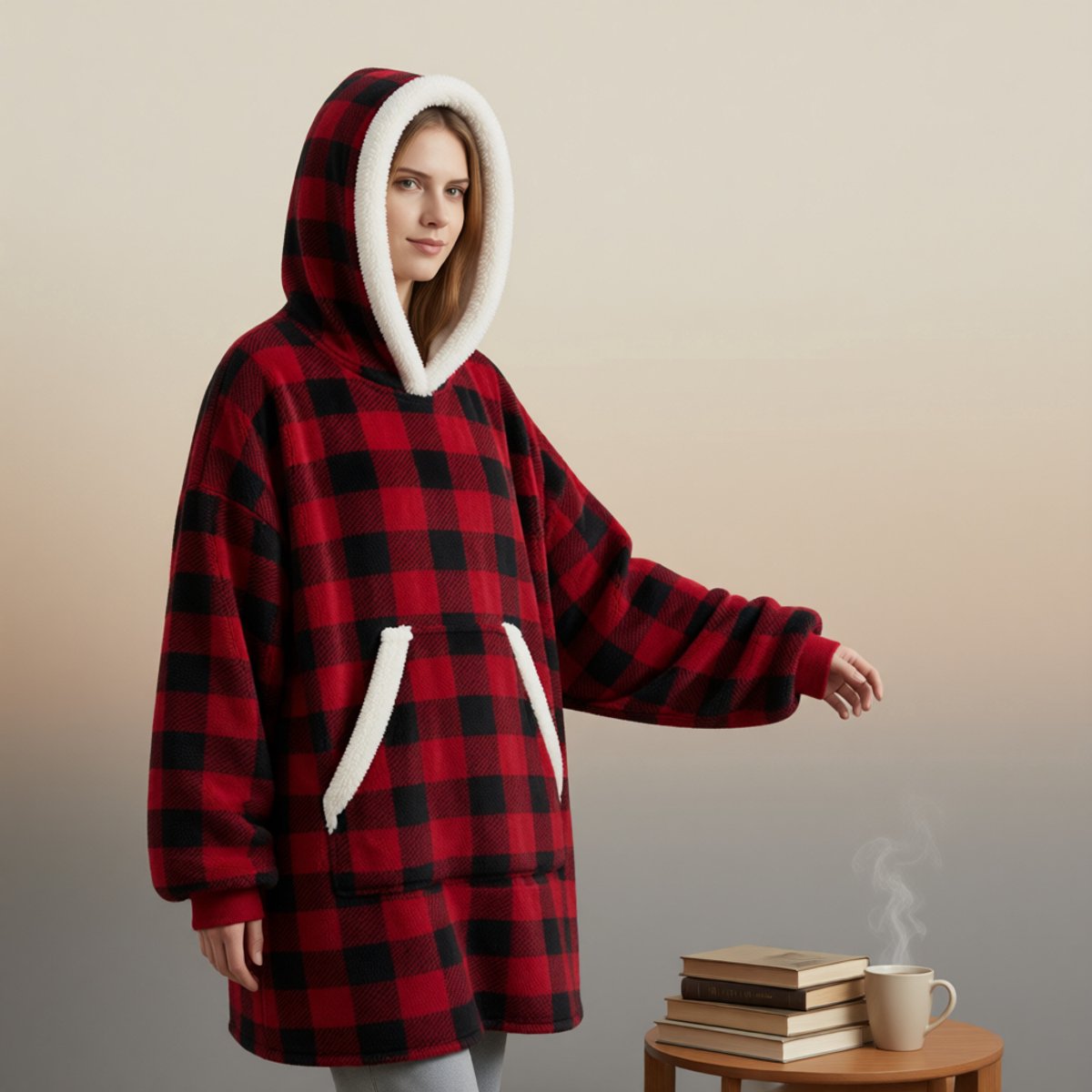 Oversized Deken Hoodie met Grote Zak - Rood-Zwart Geruit - Ultra Zachte Teddy Sherpa Fleece - Unisex - Volwassenen en Kinderen