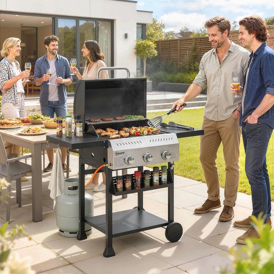 Gasbarbecue 9 kW met 3 branders-roestvrijstalen barbecuewagen-inclusief inklapbaar bijzettafeltje-kruidenhouder-onderste plank en 6 haken. — afbeelding 4