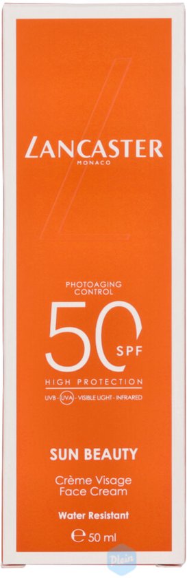 Oranje doosje van Lancaster crème met SPF50, 'PHOTAGING CONTROL', 'SUN BEAUTY' en 'Crème Visage Face Cream'.