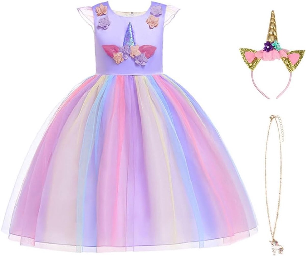 Unicorn Kostuum voor Meisjes, Prinsessenjurk met Sieraden en Hoofdband voor Verjaardagsfeest, Cosplay en Halloween, Leeftijd 2-10 Jaar