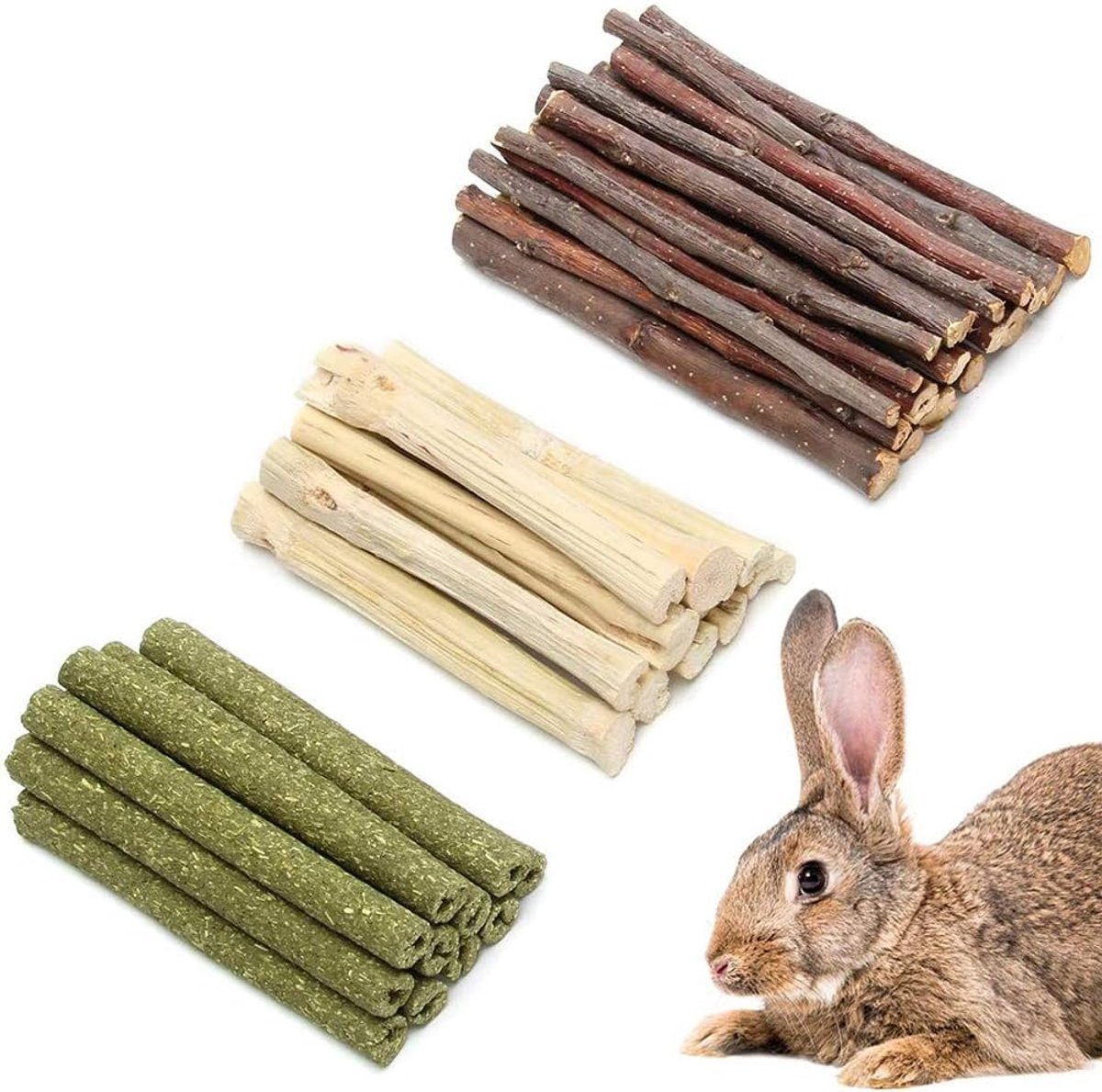 Konijn Tanden Slijpen Toy - 3 Soorten Molaire Sticks, Zoete Bamboe, Pet Chew Toys voor Hamster, Chinchilla's, Cavia, Gerbils (300g)