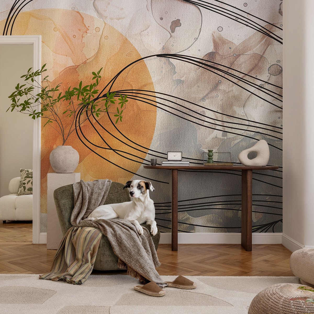 Coloray Vliesbehang - Oranje Snellijm Behang - 104x70 cm - Harmonieuze Abstractie Fotobehang Vlies - Woonkamer behang Abstractie - Muurschildering - Woonkamer behang