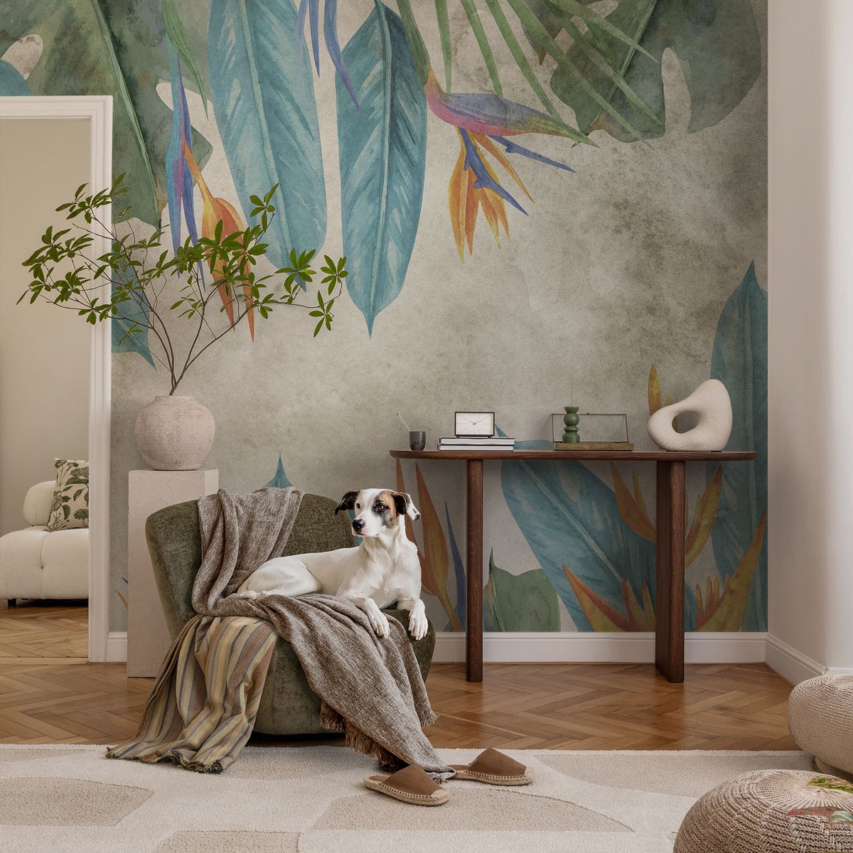 Coloray Vliesbehang - Blauw Snellijm Behang - 104x70 cm - Tropische Bloemen Fotobehang Vlies - Hal behang Bloemen En Planten - Muurschildering - Woonkamer behang