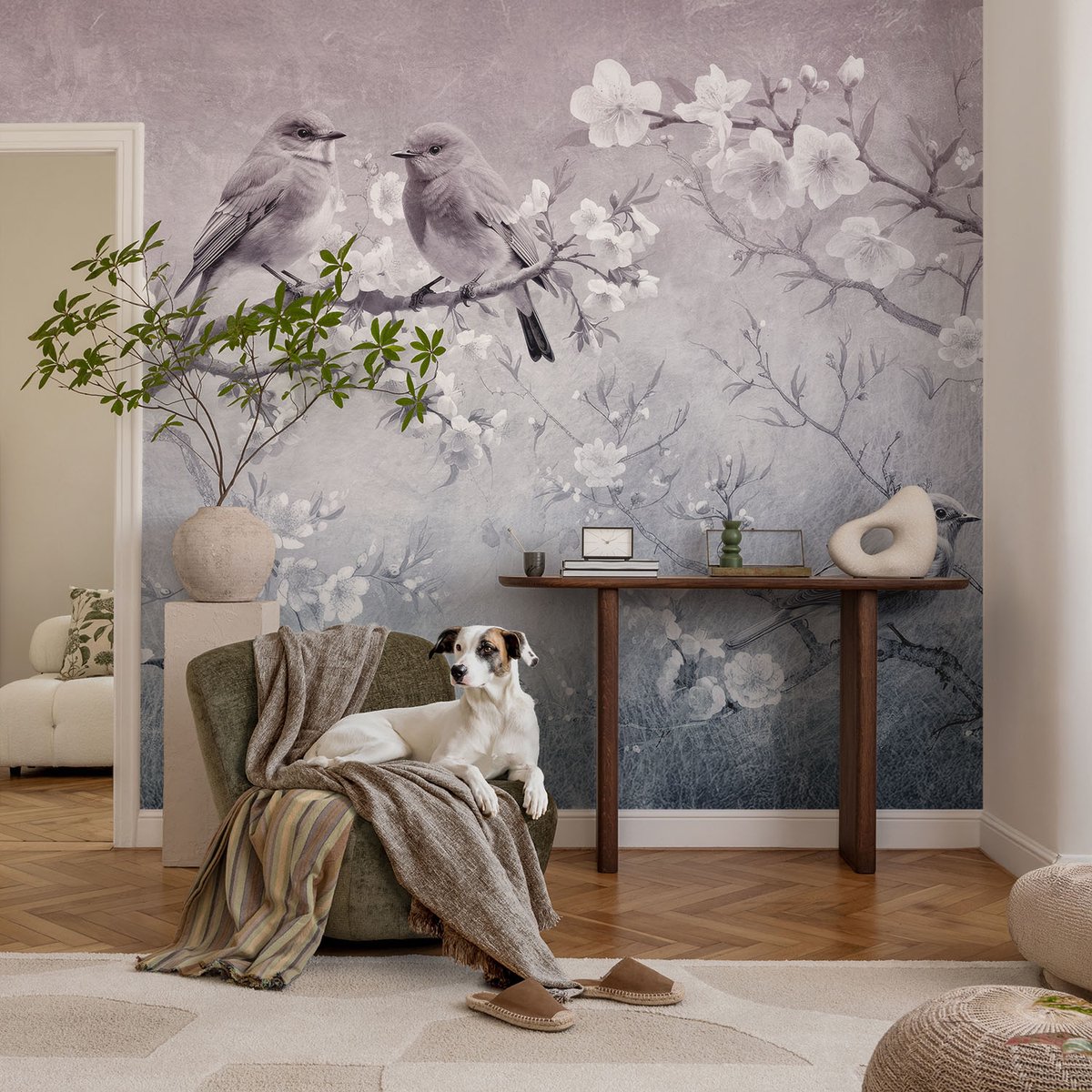 Coloray Vliesbehang - Grijs Snellijm Behang - 104x70 cm - Subtiele Natuur Fotobehang Vlies - Hal behang Bloemen En Planten - Muurschildering - Woonkamer behang