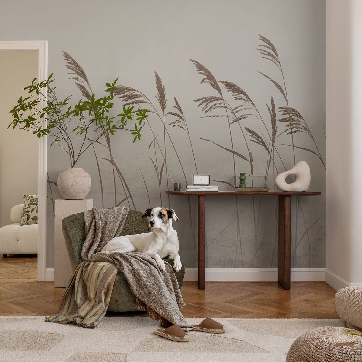 Coloray Vliesbehang - Grijs Snellijm Behang - 104x70 cm - Grassen In De Mist Fotobehang Vlies - Hal behang Bloemen En Planten - Muurschildering - Woonkamer behang