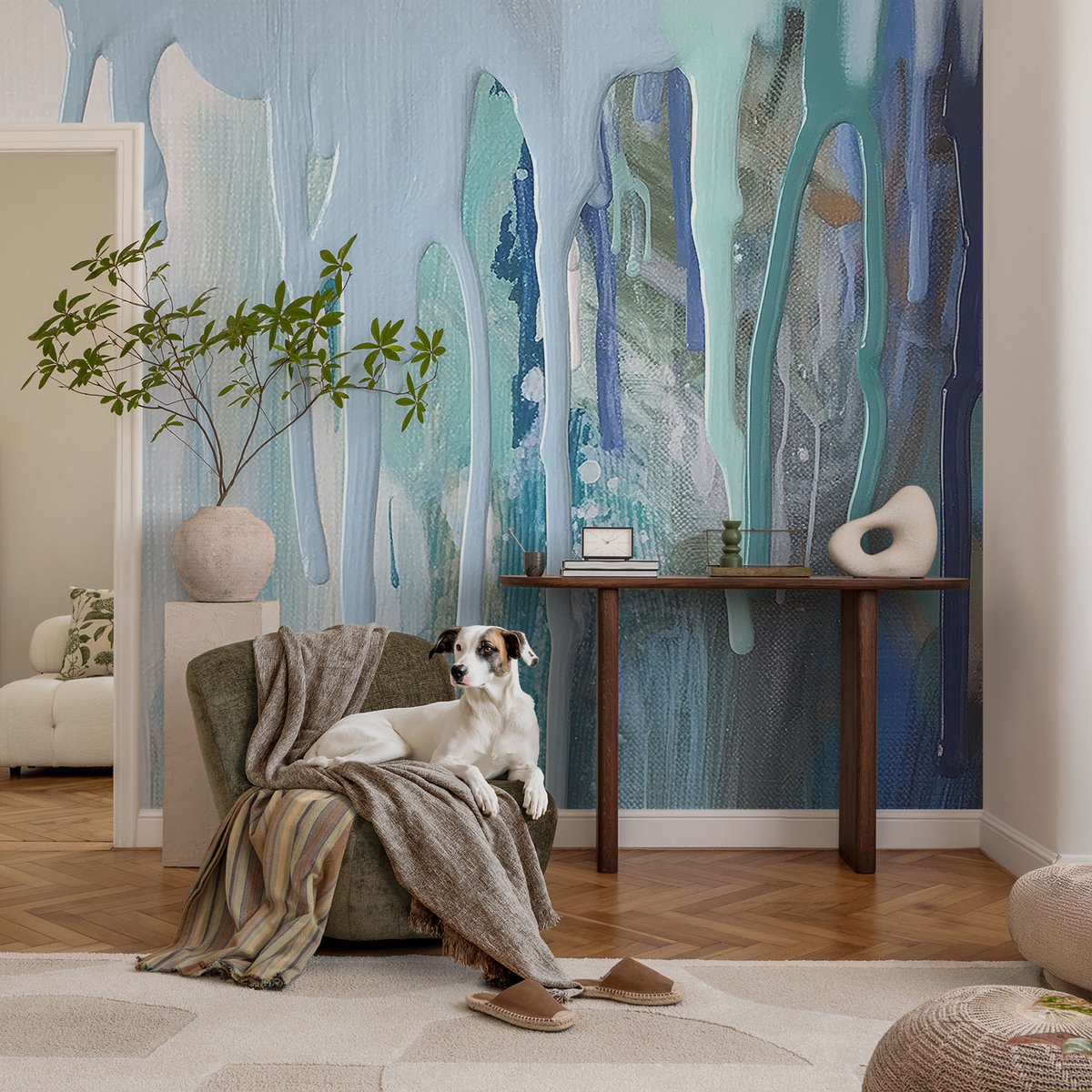 Coloray Vliesbehang - Wit Snellijm Behang - 104x70 cm - Blauwe Watervallen Muurschildering - Slaapkamer behang Abstractie - Fotobehang Vlies - Gang behang